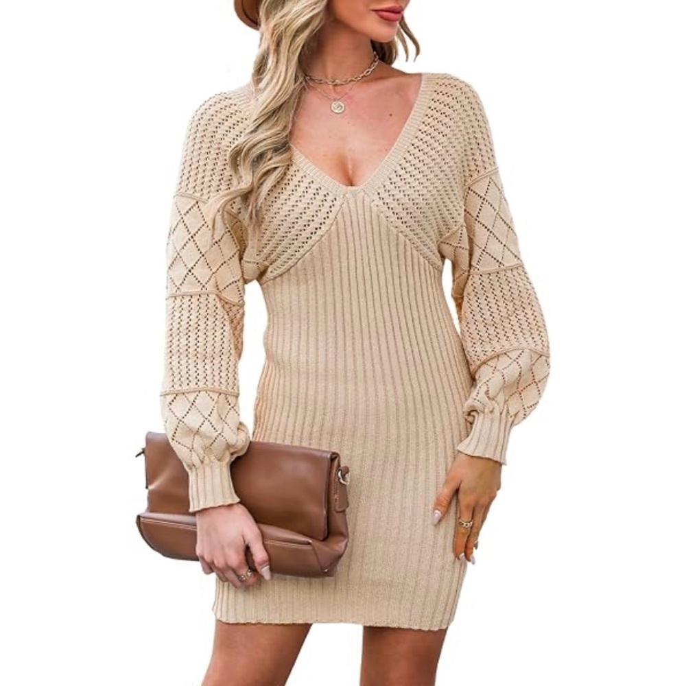 Cupshe Stretchy Elegant Tan Knit Sweater Dress - S - NWT